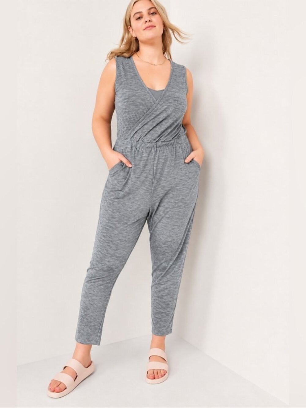 Old Navy Breathe Cross Front Stretch Jumpsuit Gray Sleeveless Size XL Summer